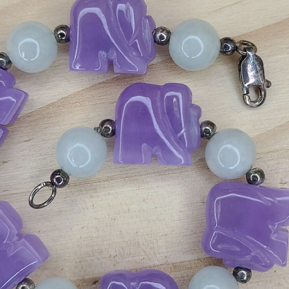 Vtg Lavender & Green Jade Elephant Beaded Bracelet With Silver Clasp Sz 6.25 - Picture 3 of 9